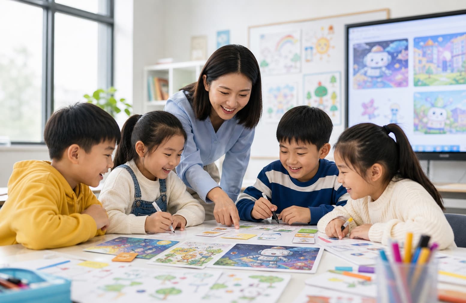 老师带领中国孩子围绕任务卡进行AI创作课堂